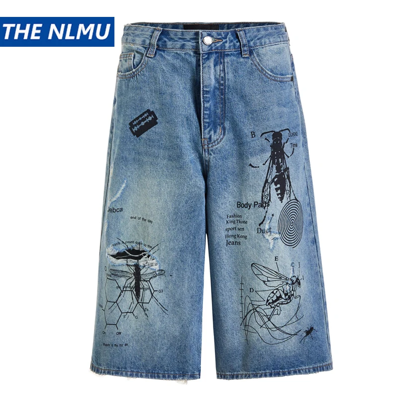 

Men's Ripped Denim Shorts 2024 Summer Fashion Graffiti Insect Patterned Jeans Shorts Harajuku Streetwear Short Pants Y2K