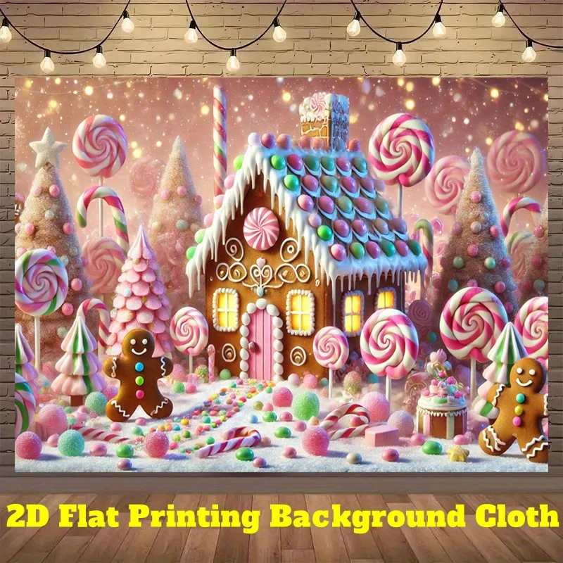 Plano 2D, una pancarta de fondo de un doce paraíso de caramelos para una persona: un diseño caprichoso de pan de jengibre y bastones de caramelos.