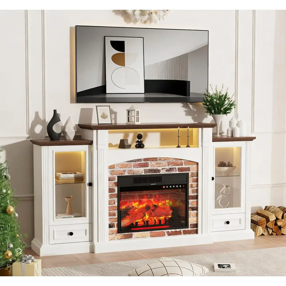 

69 Electric Fireplace with Mantel, Fireplace TV Stand with Cabinets, Modern Entertainment Center with Storage, Realistic Stacke