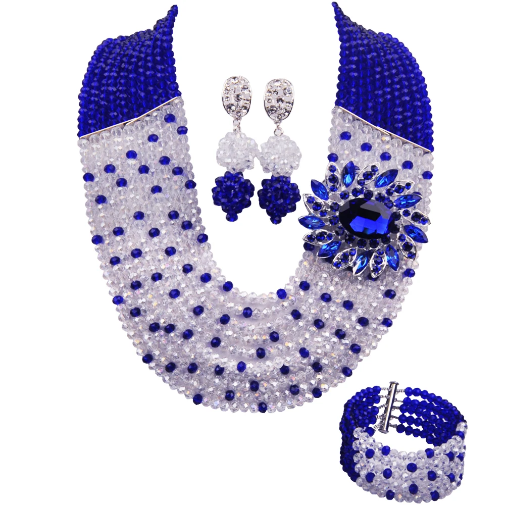 

Royal Blue Clear AB Crystal Necklace Earrings Bracelet African Beads Jewelry Set