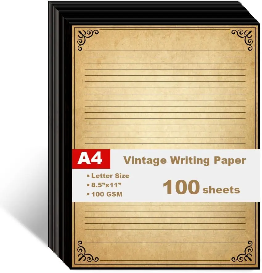

Vintage Lined Paper with Antique Border, 100 Sheets, 8.5x11 Stationery for Letters, Invitations, 100gsm