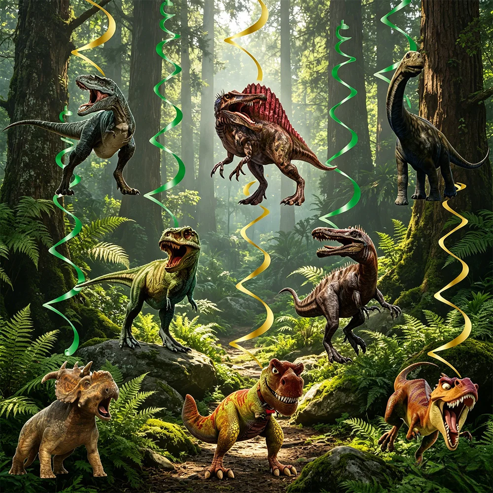 Dino-Geburtstagsparty-Dekorationsset: Banner, Girlande, Hängende Spiralen, Jurassic-Dinosaurier-Thema für Kinderpartys – Detail 2