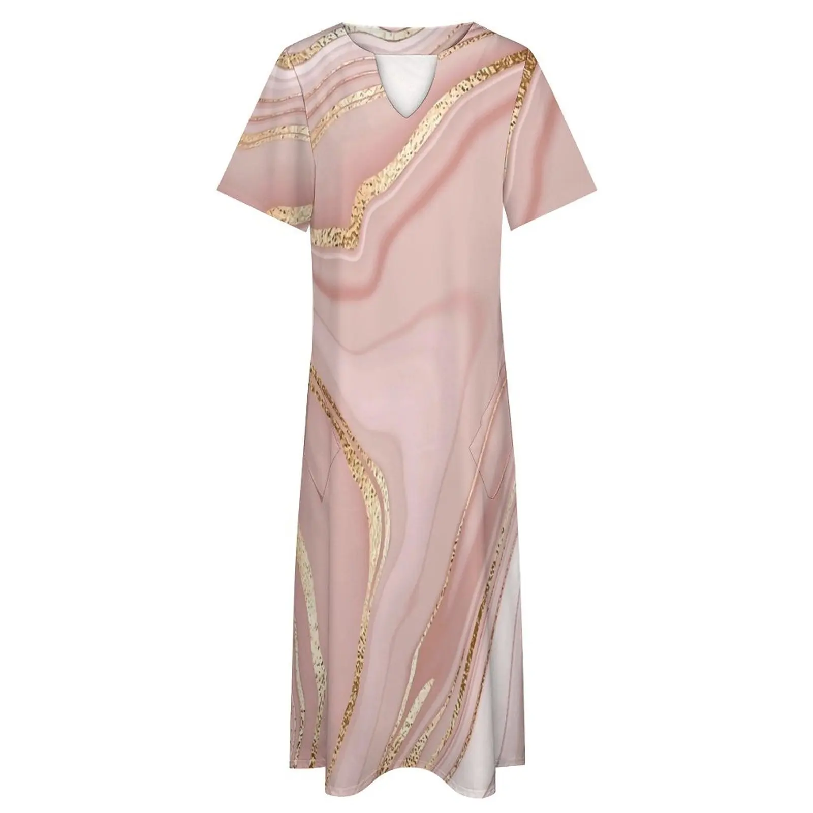 Abito retrò con stampa in marmo oro rosa Abito maxi alla moda Street Style Abiti lunghi bohémien Abiti oversize con grafica con scollo a V da donna