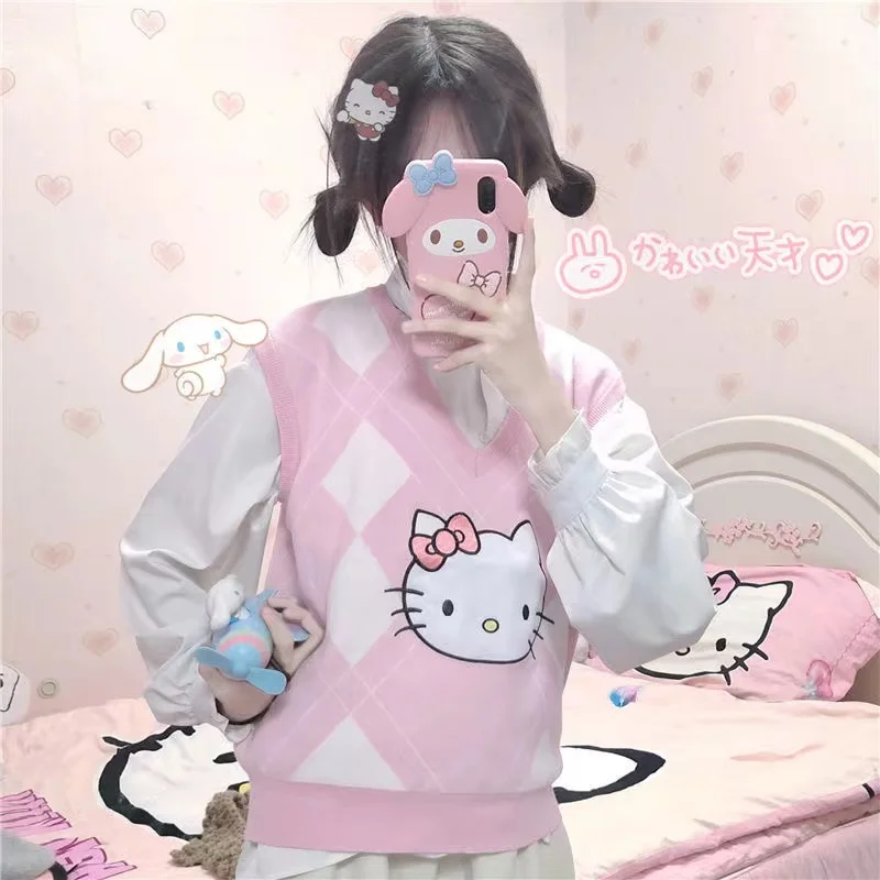 Hello Kitty Cartoon Vest Women Short Loose Trendy  Sleeveless Knitted V-Neck All-match Female Coats Simple Leisure Outwear