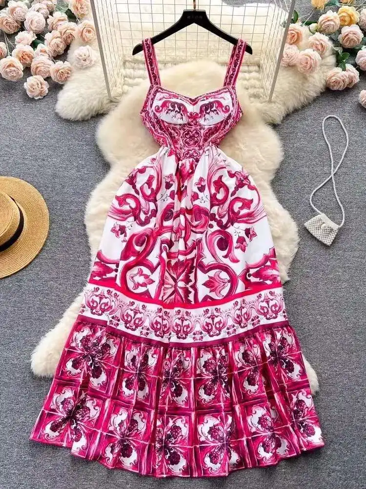 Nowe letnie wakacje elastyczny żółty nadruk długa sukienka damska Spaghetti pasek kubek wyściełany Backless niebieski biały porcelanowy Maxi Vestido