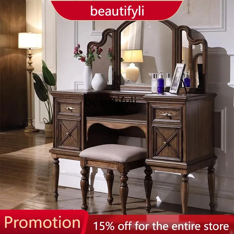 

New Simple and beautiful solid wood dresser bedroom makeup table tri-fold mirror modern simple dresser household cabinet 4109