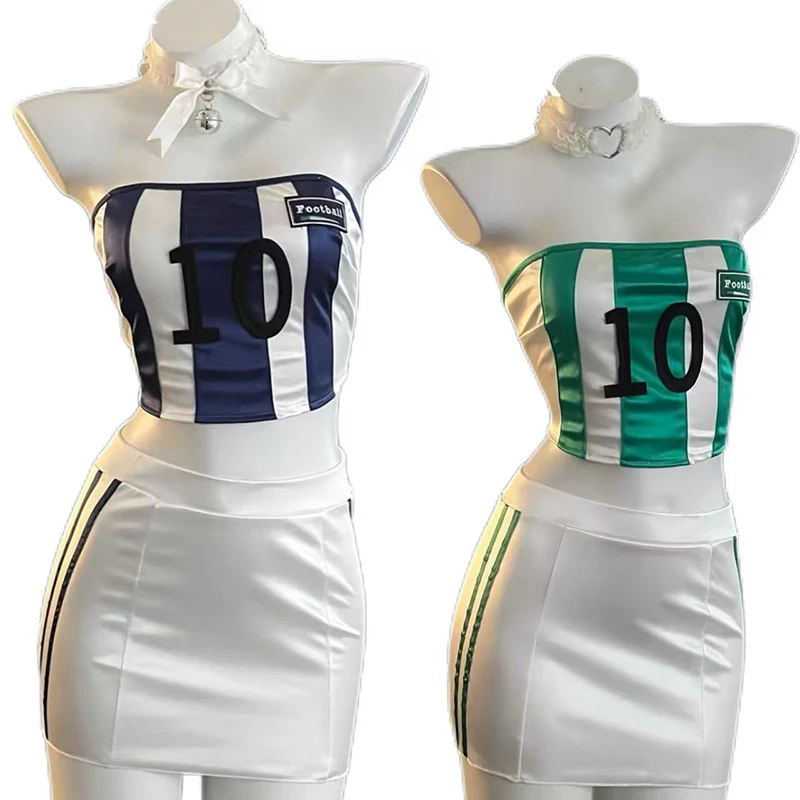 

Football Baby Cheerleading Uniform Cosplay 2-Pieces Suits Short Skirt Women Lace-Up Stripe Skinny Crop Top Sexy Sport Dancing