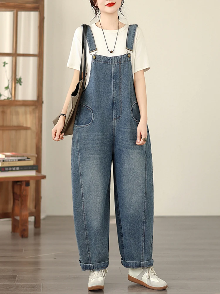 Korean Style plus Size Denim Overalls Women's Spring Summer Loose Casual Fashion Cover up Cargo Pants Trendy Wide Leg Jeans
