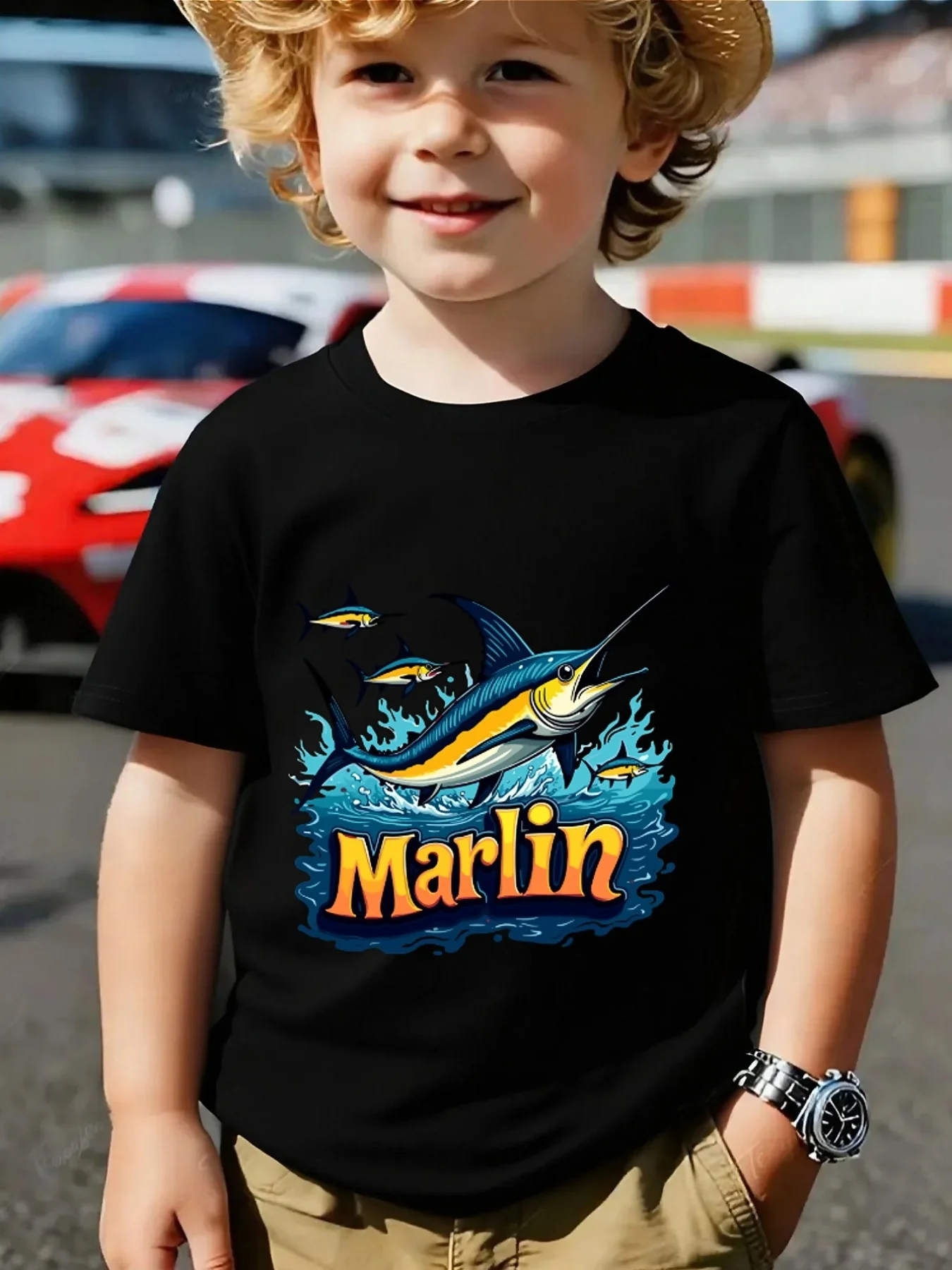 Marlin Swordfish Ocean Wave Graphic Family Matching T Shirt Boys Girls Short Sleeve Summer Crew Neck Parent Child Casual Tops