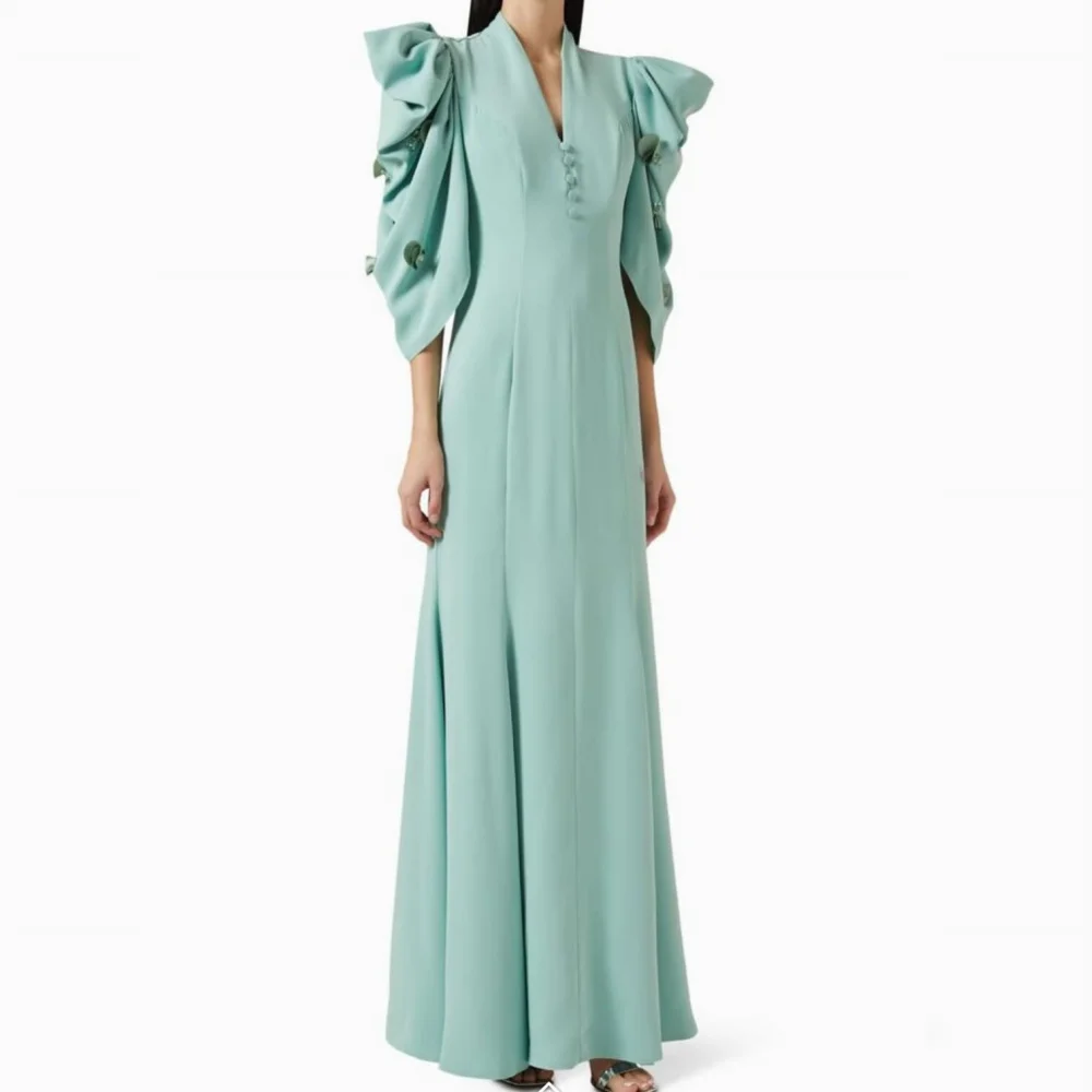 

Customized High Quality Jersey Button Pleat Trumpet V-neck Long Dresses Bespoke Occasion Party Fashion Classic