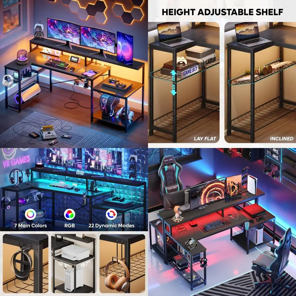 

L-Shaped 71 Inch LED Gaming Desk with Monitor Stand and Printer Stand Adjustment