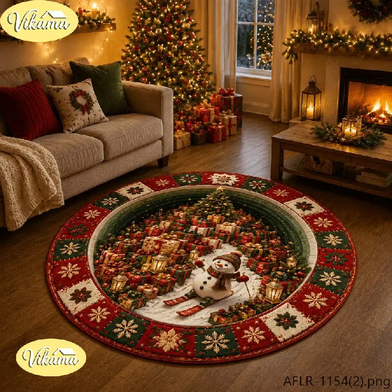 VIKAMA Christmas Round Rug Snowman Skiing Tree Lantern Gifts Area Rug Living Room Holiday Home Decor Aesthetic Art Large Premium