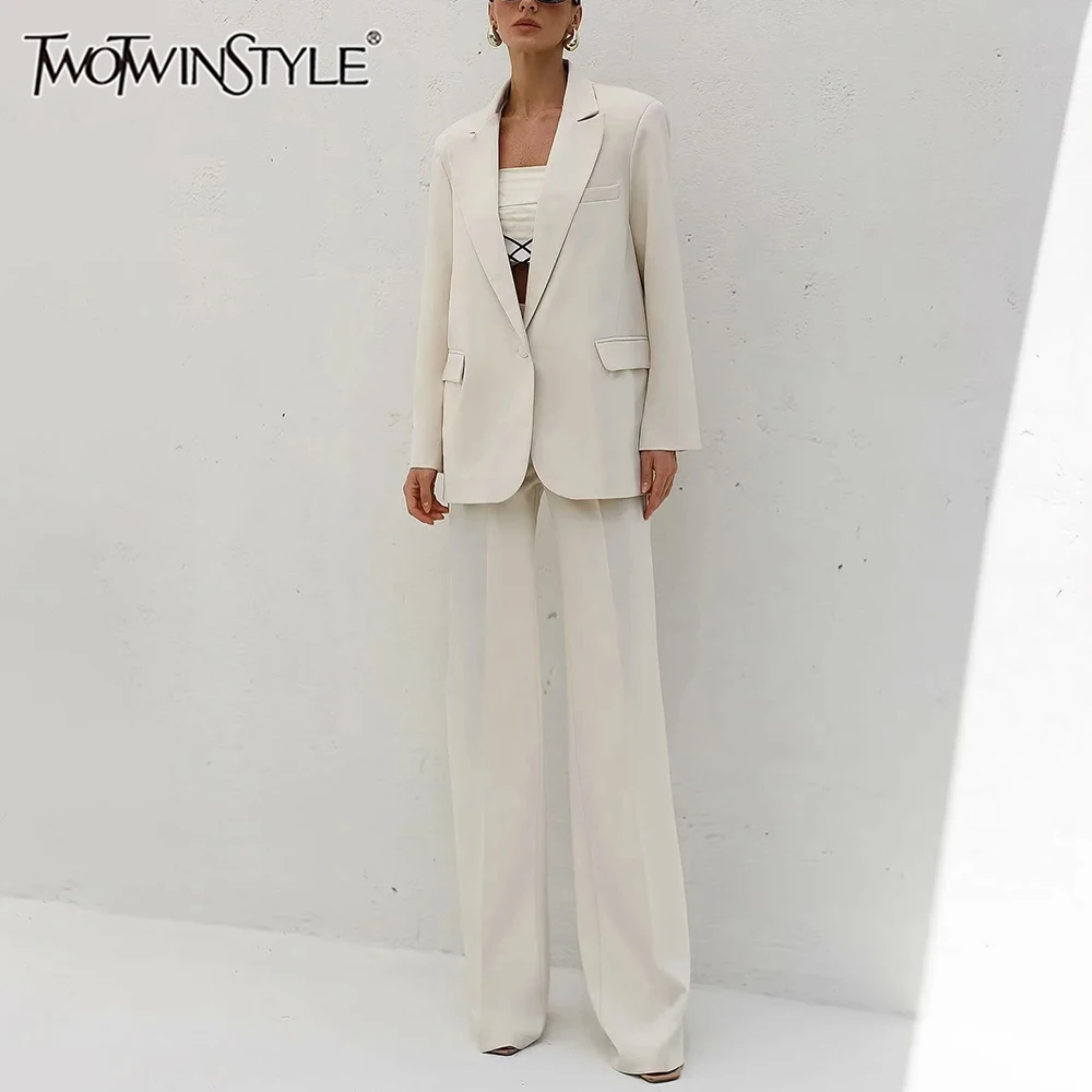 TWOTWINSTYLE Solid Two Piece Sets For Women Lapel Long Sleeve Loose Coat High Waist Temperament Wide Leg Pant Chic Set Female