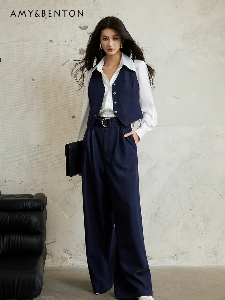 Office Lady Fashion Retro V-neck Single Breasted Vest Slim Wide Leg Pants Two-Piece Set Women Spring Elegant Business Outfits