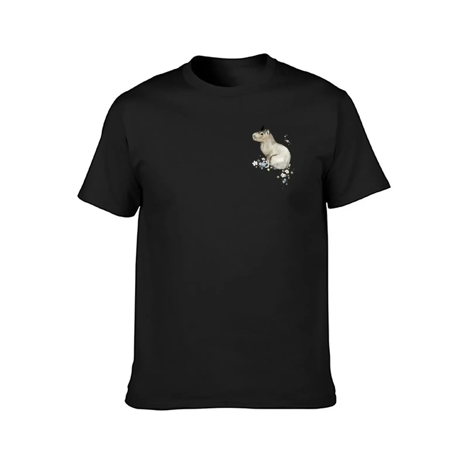 Dreamy Capybara w/ flowers (and a bird friend on its head) T-Shirt sweat tops vintage t shirts heavy weight t shirts for men