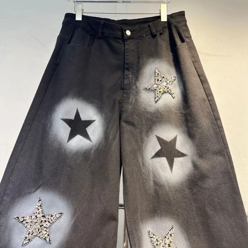 European Style Skinny Straight Heavy Industry Star Jeans Ladies 2025 Summer High Street Vintage Denim Trousers Streetwear Women