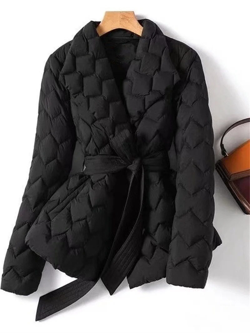 Winter Temperament Water Ripple Quilted Lightweight Down Cotton Jacket Lapel Waist Cinched Mid Length Elegant Cotton Coat
