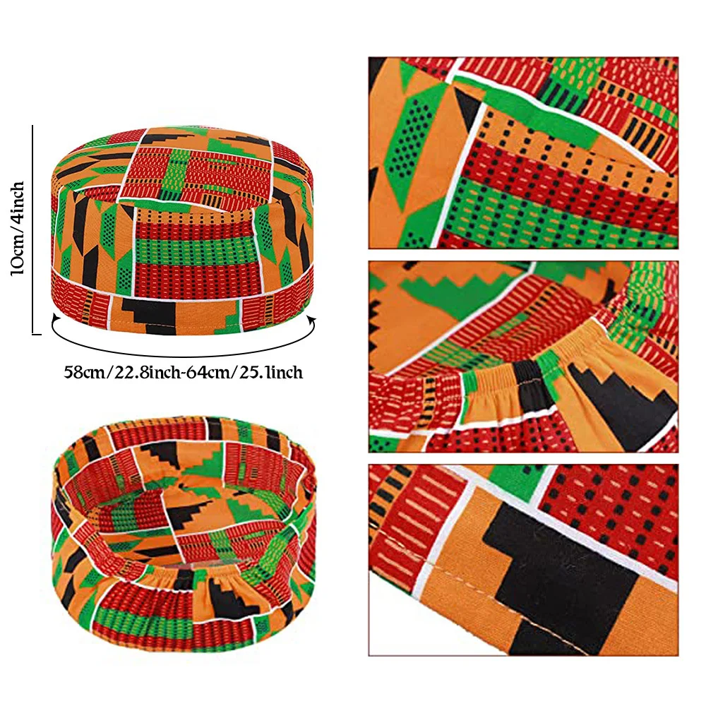 2 Pcs Kente Pattern Kufi Hat and Cosplay Accessory Print Stole Sash Shawl for Black African History Men Women Kid Scarf Shawl