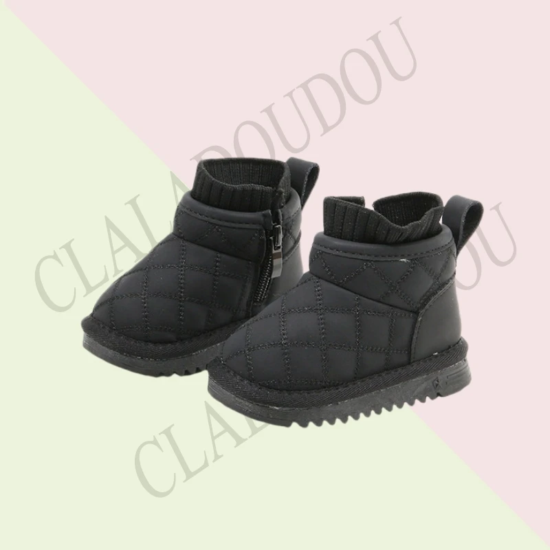 Claladoudou New Leather Snow Boots For Kids Girls Boys Solid Sewing Winter Zip Ankle Boots For 0-6years Children Woman Shoes