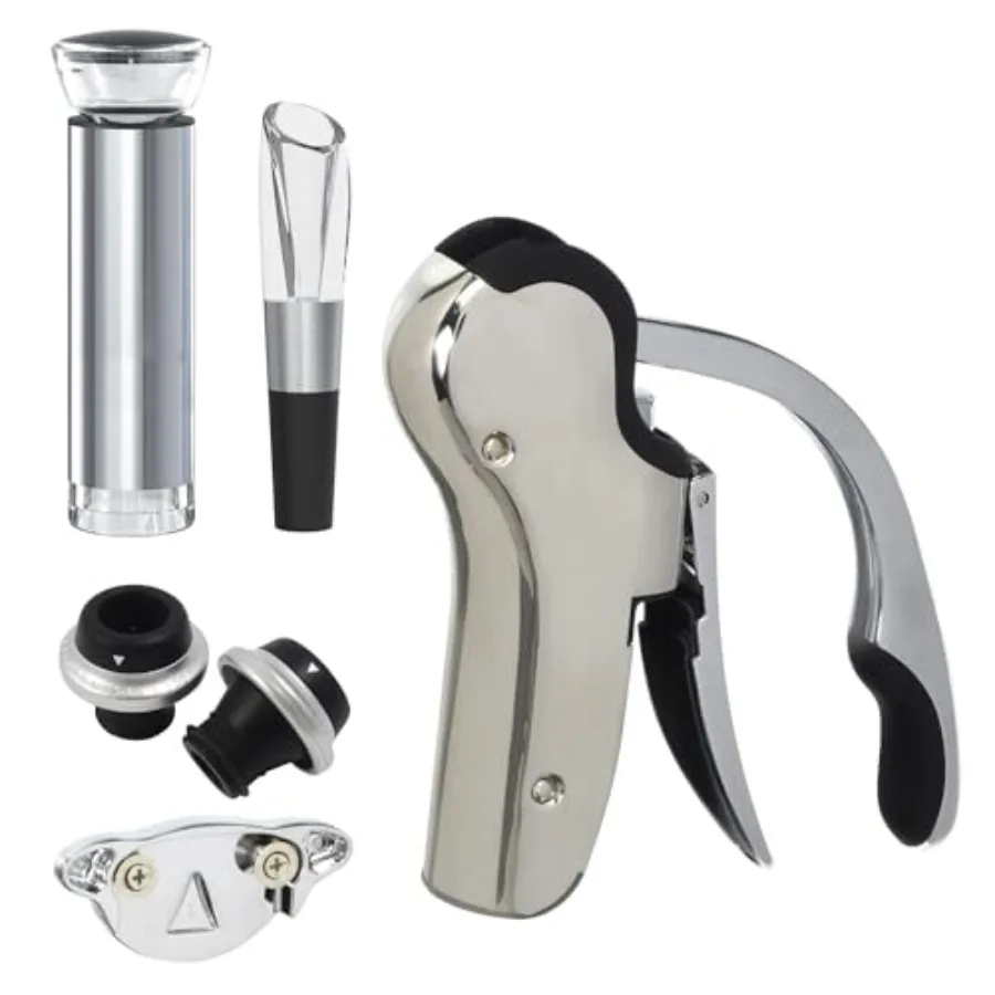 

Stainless Steel Wine Opener Set - Compact Vertical Corkscrew Wine Bottle Opener Gift Set with Foil Cutter Aerator Pourer Vacuum