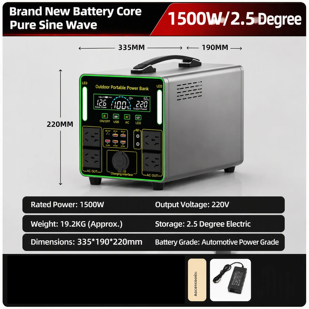 1500W Portable Power Station 2.5kWh Battery 220V Pure Sine Wave Solar Generator for Camping Emergency Home Backup Outdoor