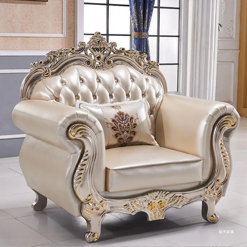 

European leather corner sofa 123 combination living room solid wood carving flower top layer cowhide champagne gold American fur