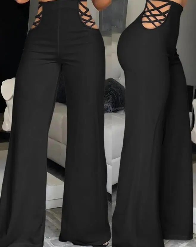 Women Fashion Edition Flared Pants Spring 2024 Latest Casual Solid Color Minimalist Crisscross Cutout High Waist Pants Trousers