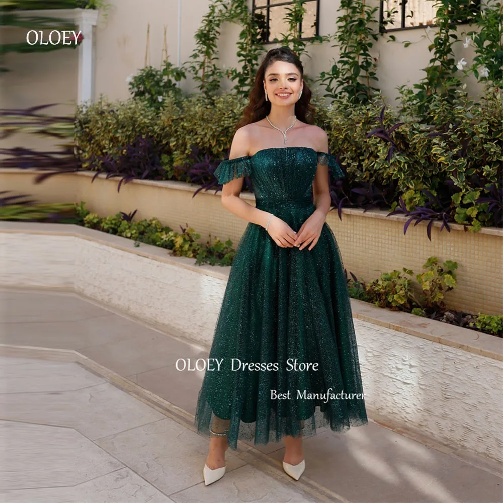 

OLOEY Glitter Shiny Emerald Green Evening Party Dresses Off Shoulder Tea Length Shiny Prom Gowns Graduation Occasion Dress