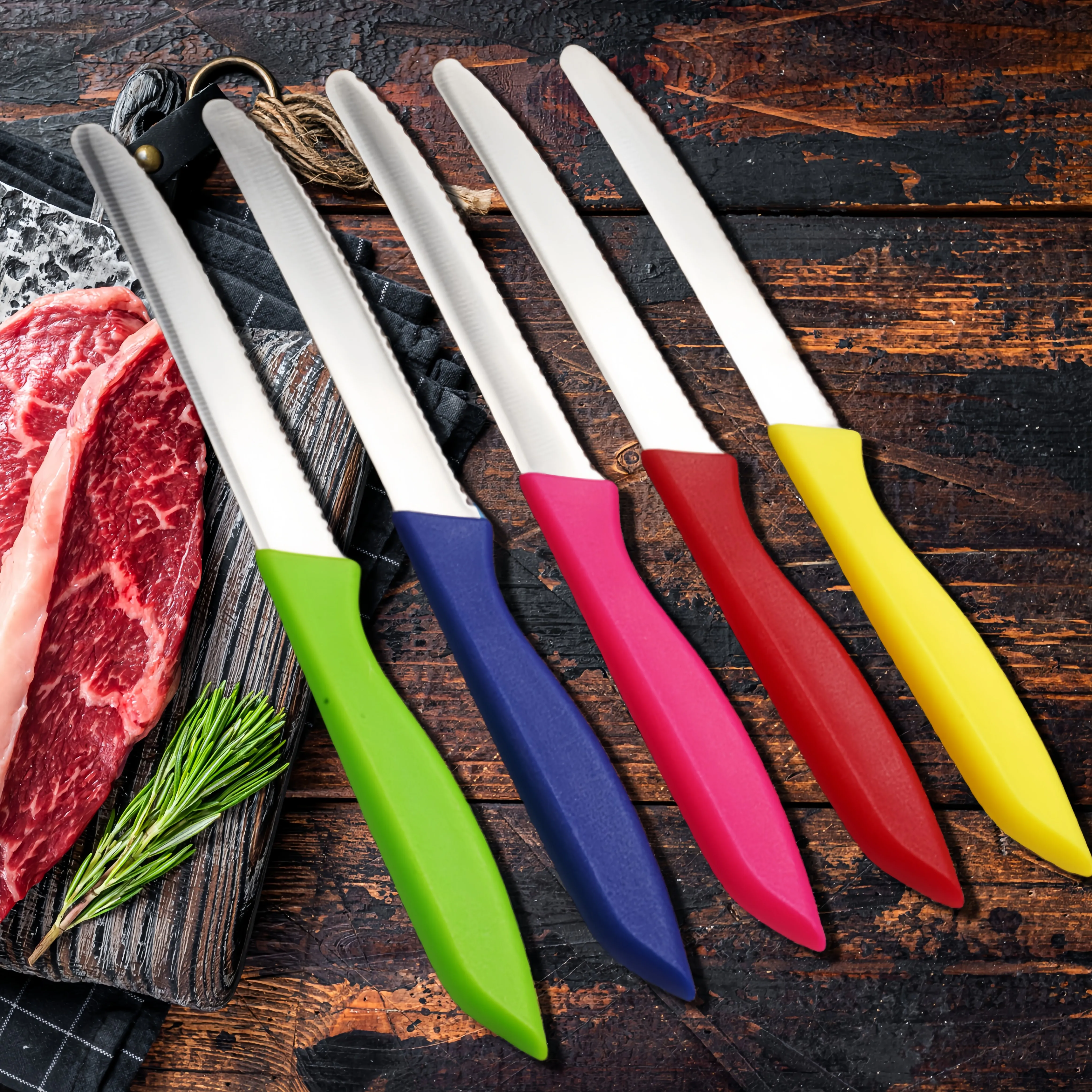 

Notched Round-head Steak Knife Set With Pointed Tail Plastic Handle, Multifunctional Kitchen Bread Dessert Knife Baking Cutting