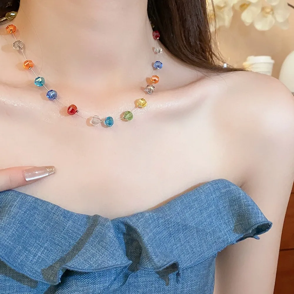 

Fashion Rainbow Bead Necklace Collarbone Chain Hand Rope Colorful Necklace Choker Jewelry Beach Necklace Beach