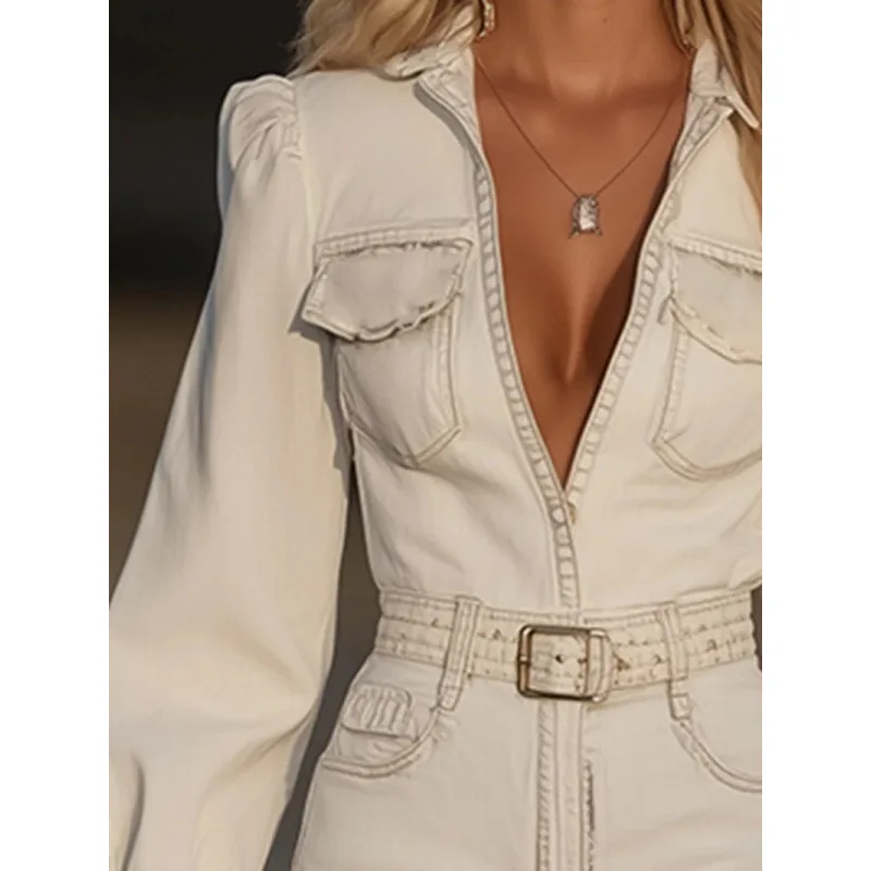 فستان ضيق مثير بأكمام طويلة من قماش الدنيم الجديد لعام 2025 - فستان قصير بحزام على شكل حرف v للنساء نادي الحفلات