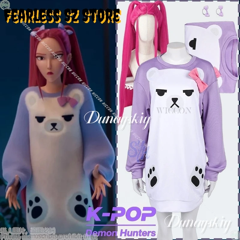 

Аниме Kpop Demon Huntrix Косплей Mira органов로윈 의상 Kawaii Пижама с сиреневым медведем Симпатичная милая толстовка с длинными рукавами Прекрасный Хэллоуин Cos