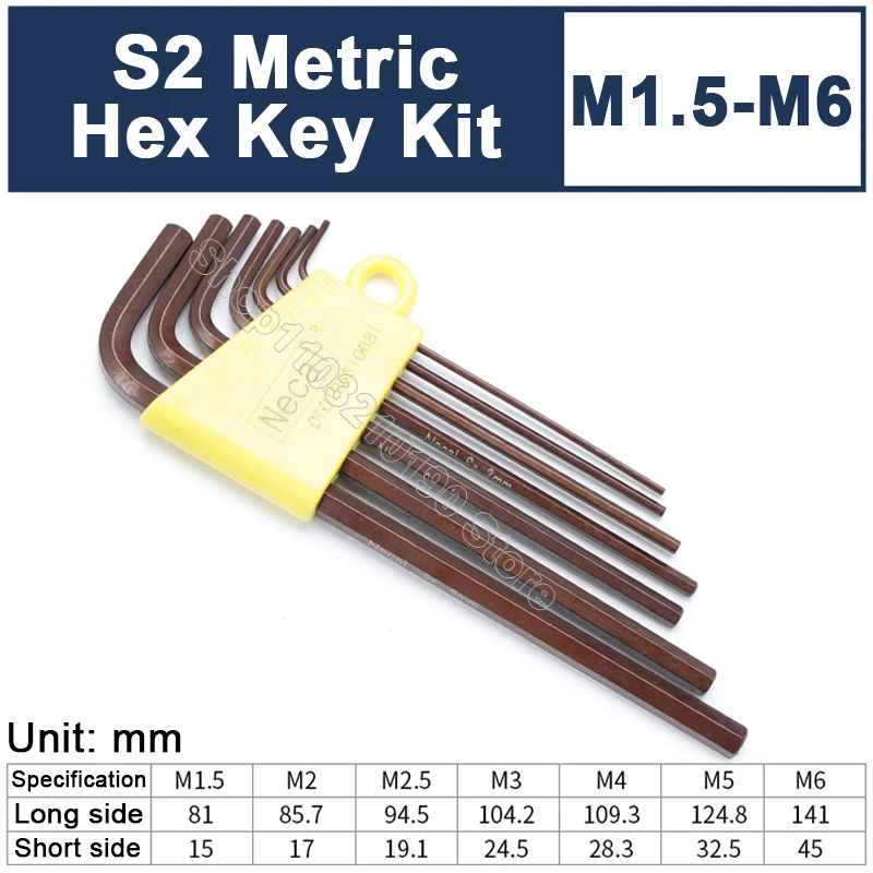 

7pcs Hex Key L Shaped S2 Steel Allen Wrench Hexagon Key Screwdriver Metric L Shape Short Arm Tool Kit M1.5 M2 M2.5 M3 M4 M5 M6