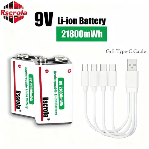 Batterie Lithium-Ion Rechargeable longue durée 9V, 21800mWh, haute capacité avec câble pour guitare, Microphone, détecteur de fumée, pédale