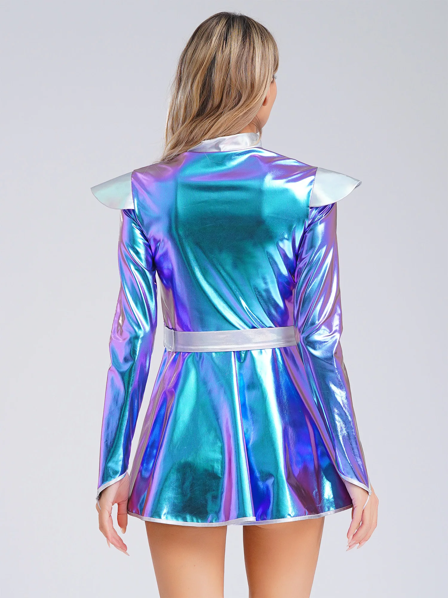 Women Halloween Alien Costume Long Sleeves Front Zip A-line Dress with Belt Shiny Metallic Outer Space Cosplay Costume view 4