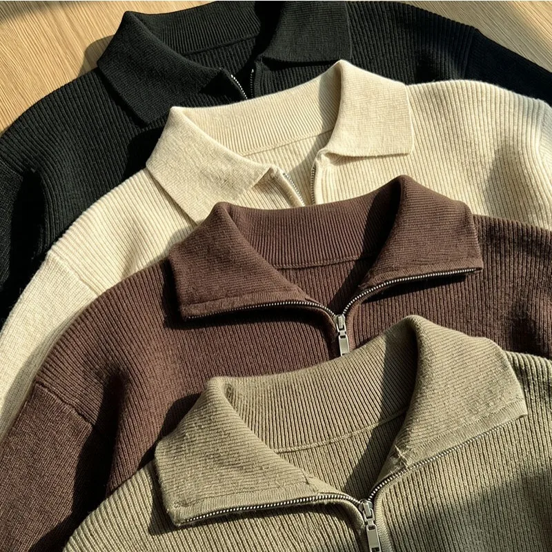2026 Autumn and Winter Half Zipper Stand-up Collar Men's Knitted Long-sleeved Sweater American Retro Casual Pullover Top Men