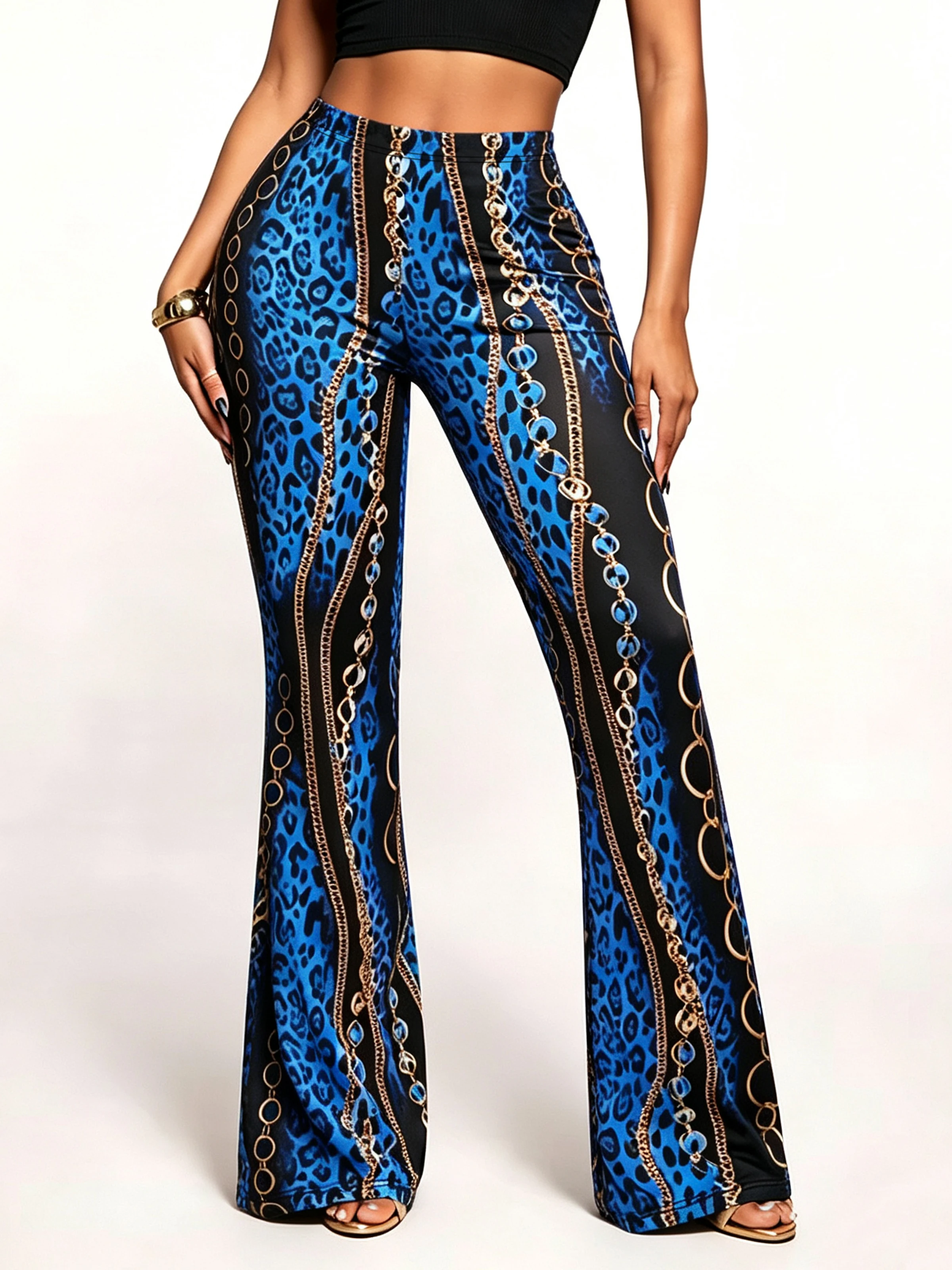 1551 [Printed Pants - Not Faux Denim Fabric]2D Printed Faux Effect, Printed Flared Trousers - Non-Faux Denim Fabric,