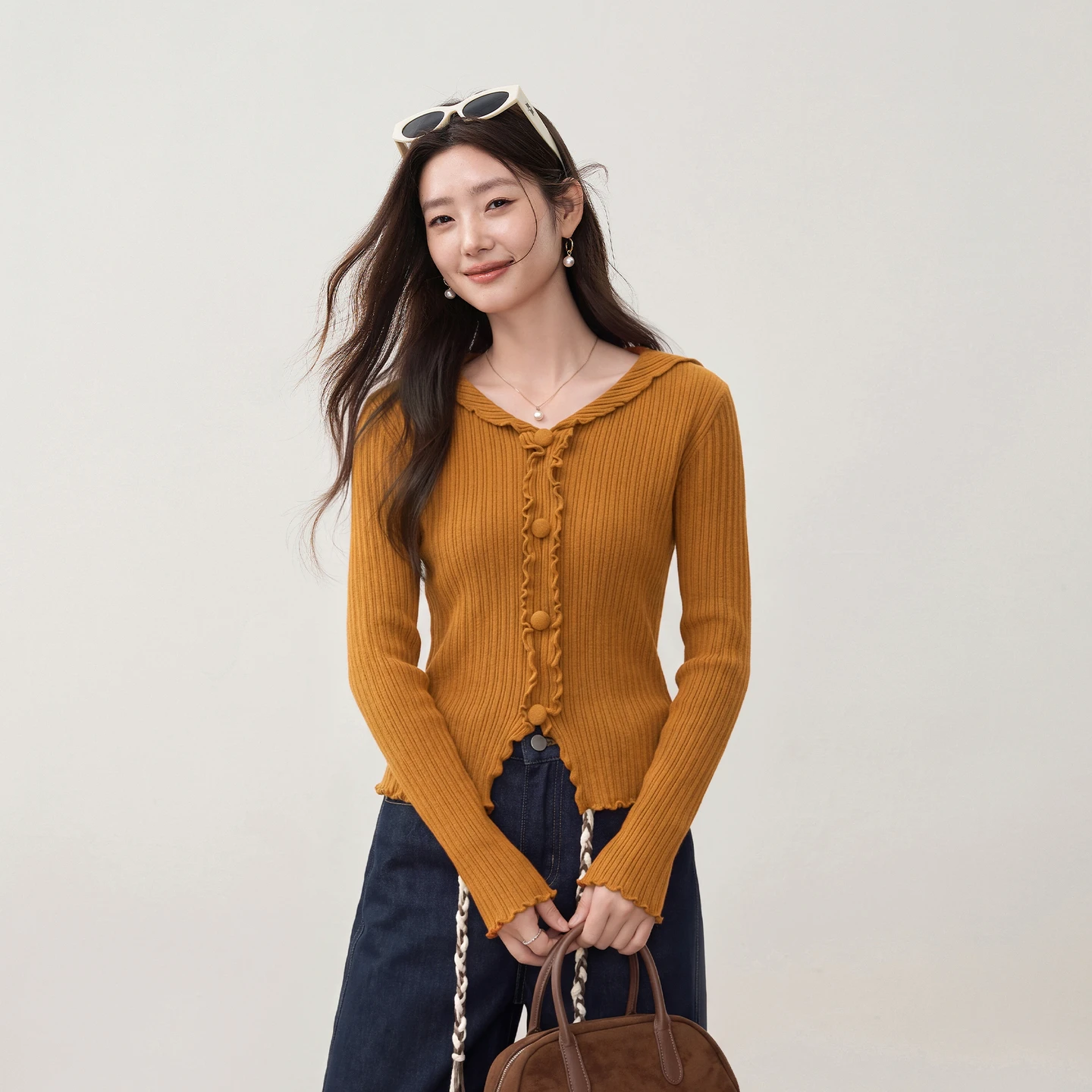 SENTUBILA Women's Winter Sweater 2026 Elegant Long Sleeve Ruffle V Neck Knit Pullover Thick Soft Slit Commute Top W64HJ9085