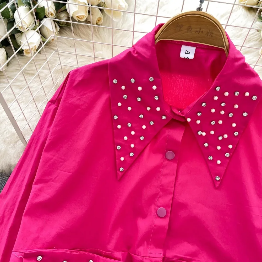 Nozioni di base Perline ricamate Strass Hotsweet Draw String Chic Colletto rovesciato Maniche lunghe Top High Street Primavera Camicetta da donna