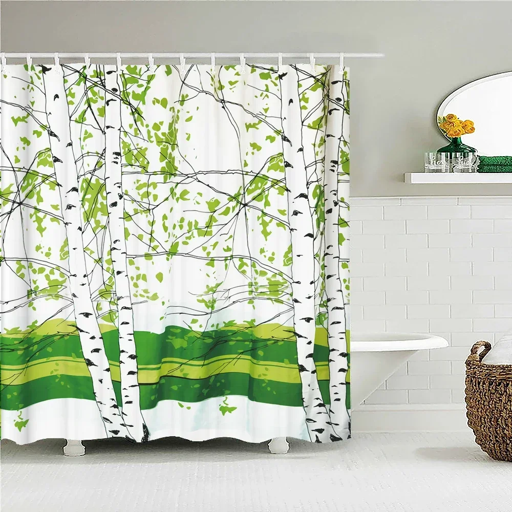 Fresh Birch Forest Tree leaves Fabric Shower Curtain Waterproof Polyester 3D Printing Bath Curtains for Bathroom Decor with Hook