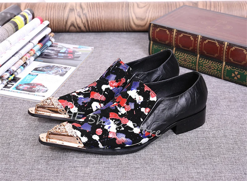 Fashion Metal Pointed Toe Loafers for Men Mixed Color Graffiti Prints Shallow Slip-On Casual Shoes Male Party Wedding Oxfords image 5