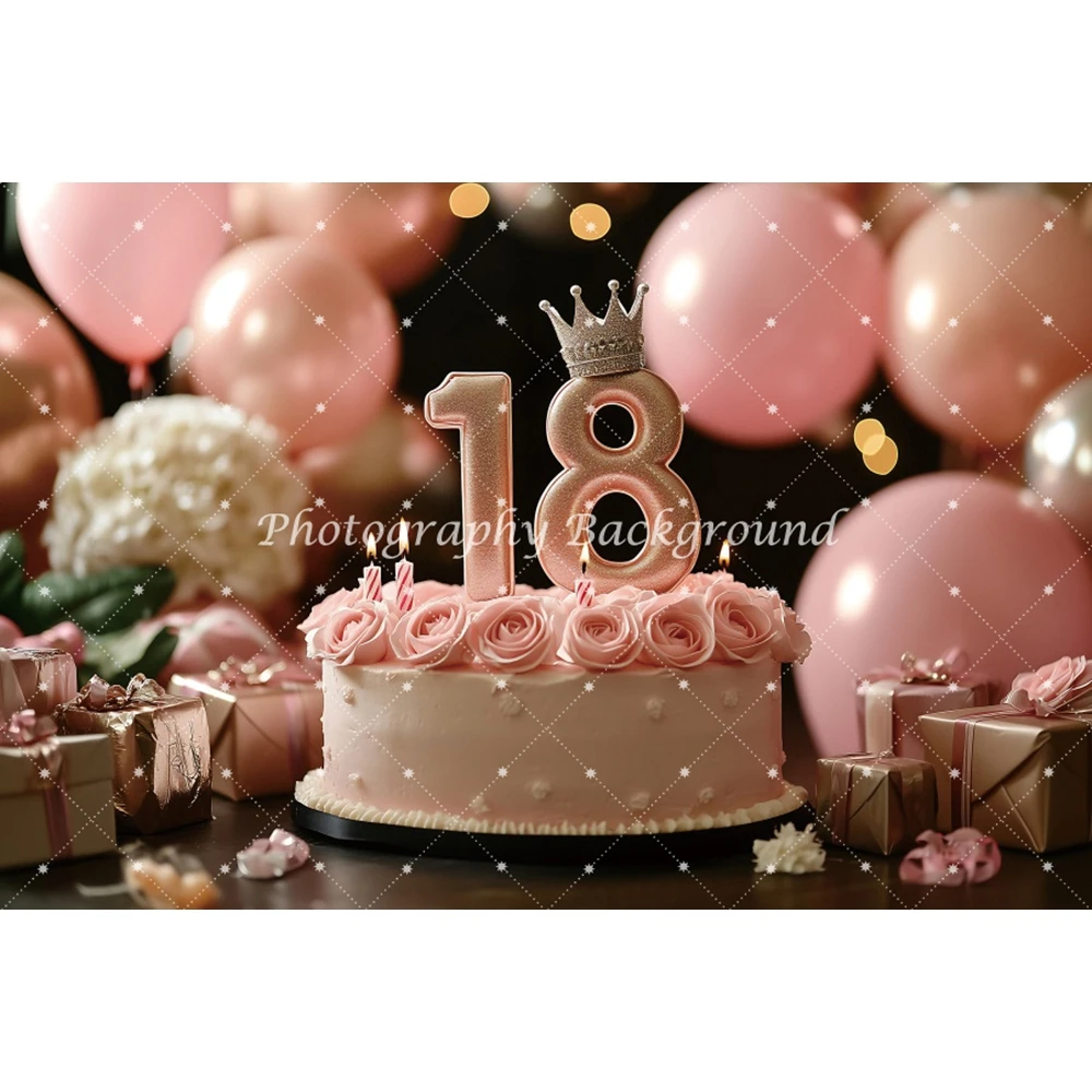 18th วันเกิดพื้นหลังสําหรับถ่ายภาพดอกกุหลาบสีชมพูหวานเค้กของขวัญวันเกิดตกแต่งถ่ายภาพฉากหลัง