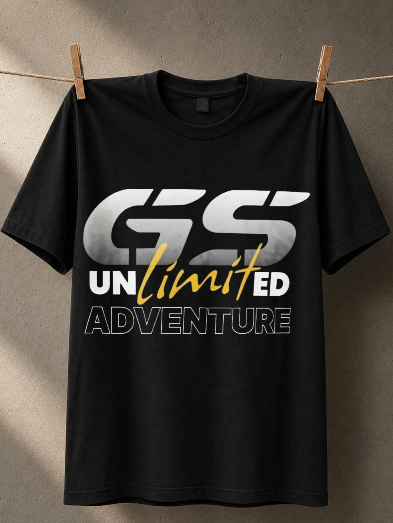 GS Unlimited Adventure bold silver and yellow lettering with strong outdoor travel slogan and  Unisex All T-Shirt