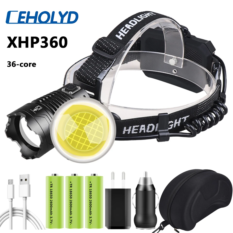 Headlamp 36-core XHP360 Led Super Bright Zoomable Powerbank Headlight USB Rechargeable 18650 Battery Head Flashlight Lamp led 조명