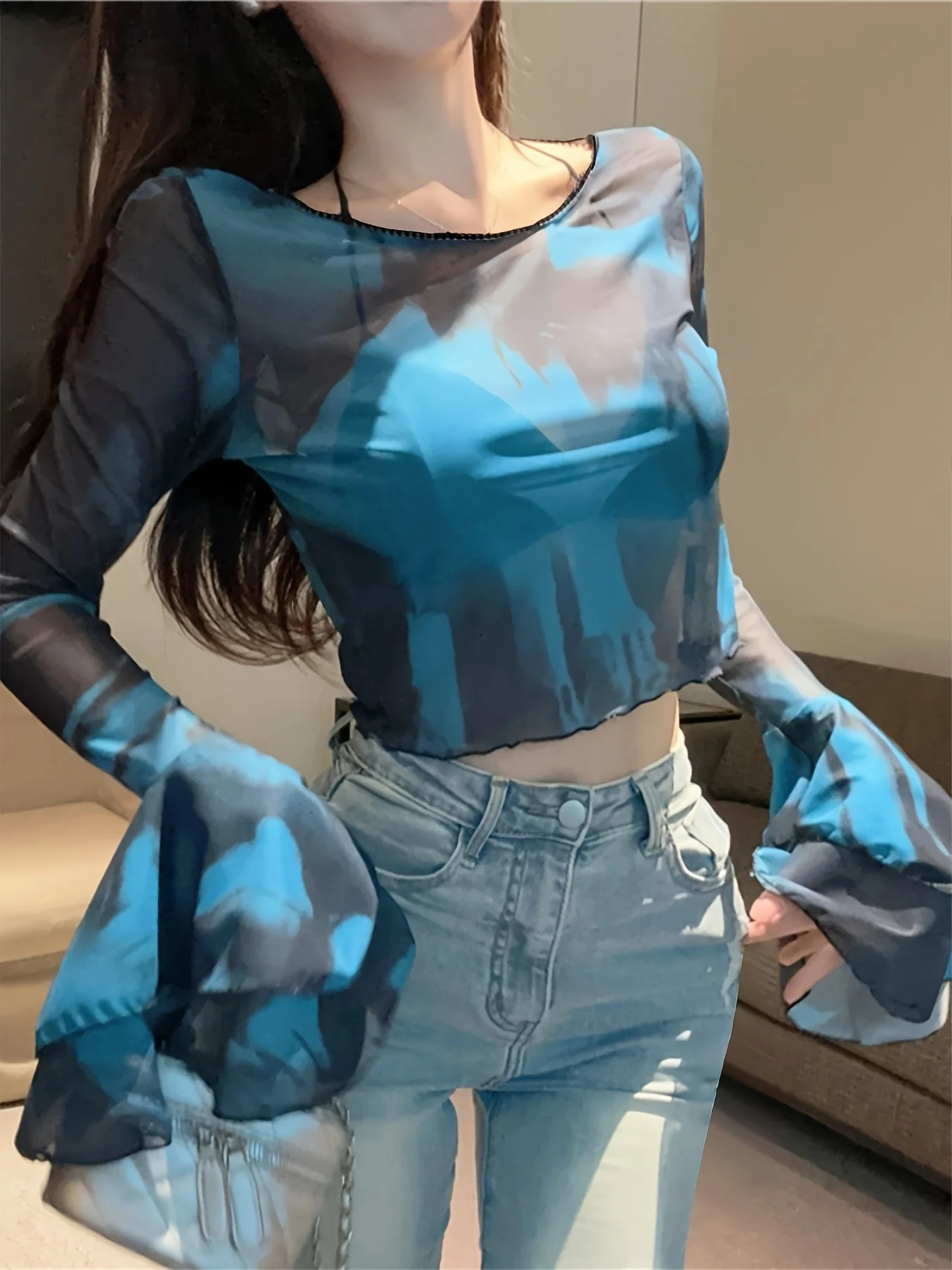 Women's Tie Dye Mesh Long Sleeve T-Shirt Crewneck Comfortable Breathable Casual Summer Tops