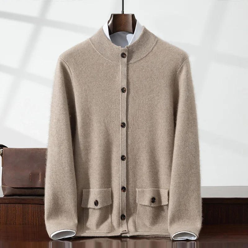 Men's 100% Cashmere Knitted Cardigan Stand-up Collar Casual Business Long Sleeve Winter Jacket Warm Thick Knit Men's Clothing...