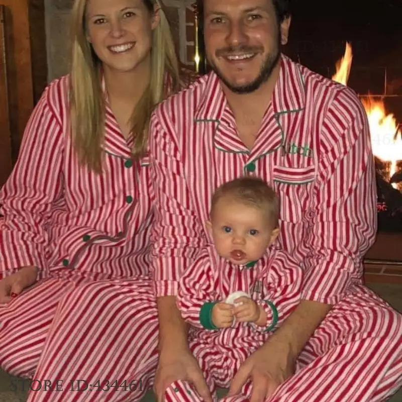 Family Christmas Parent Child Set Pajamas Outfit Loose Casual Long Sleeve Trouser Loungewear Stripe Sleepwear Christmas Homewear