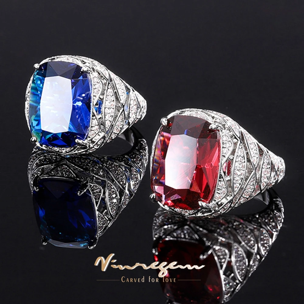 

Vinregem Vintage 12*16MM Lab Created Ruby Sapphire Gemstone Ring for Women Gift Anniversary Cocktail Party Jewelry Wholesale