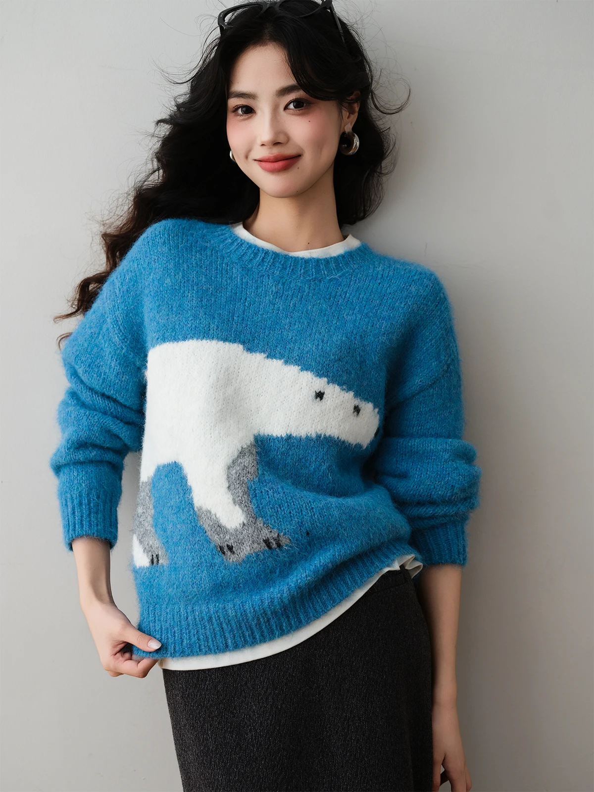 

Korean Sle Polar Bear Sweater Long Sve round Ne Warm Cartoon Knitted Sweater for Women RONRON Brand Casual Autumn Faion
