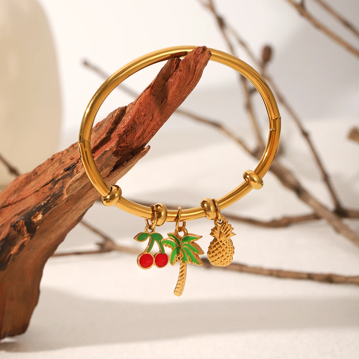 Gold Color Plated Multi Layer Bracelet Set For Women Fruit Charms Cherry Lemon Hypoallergenic Stainless Steel  Daily Gift